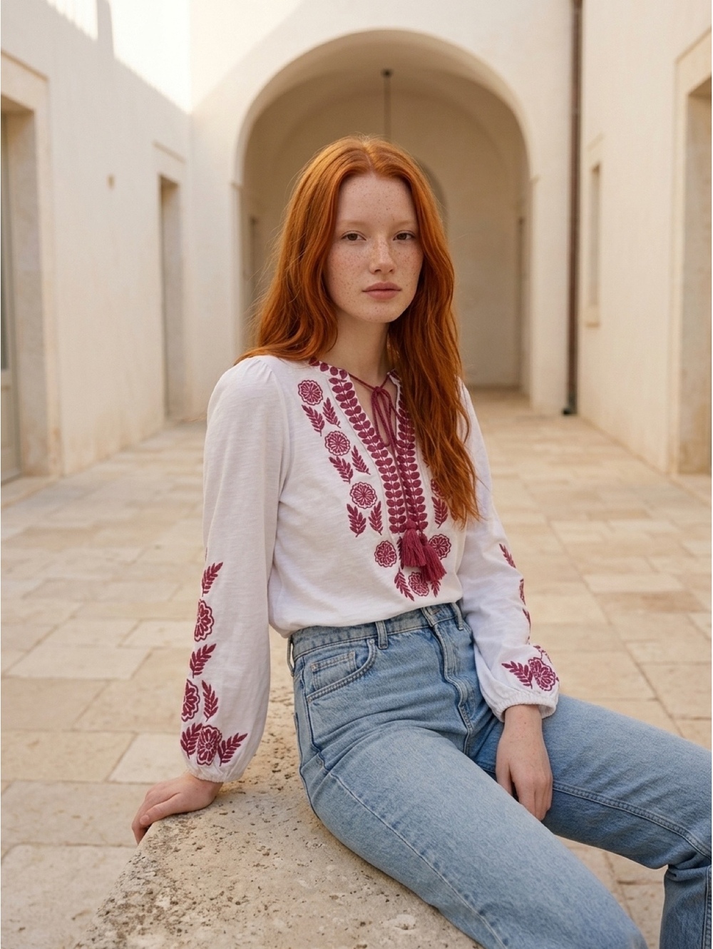 Boden White Long Sleeve Embroidered Blouse with Pink Tassels size S